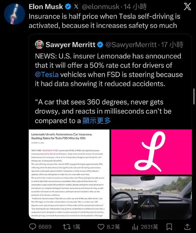 2026-01-22_Lemonade-推出自駕車保險特斯拉-FSD-里程保費減半