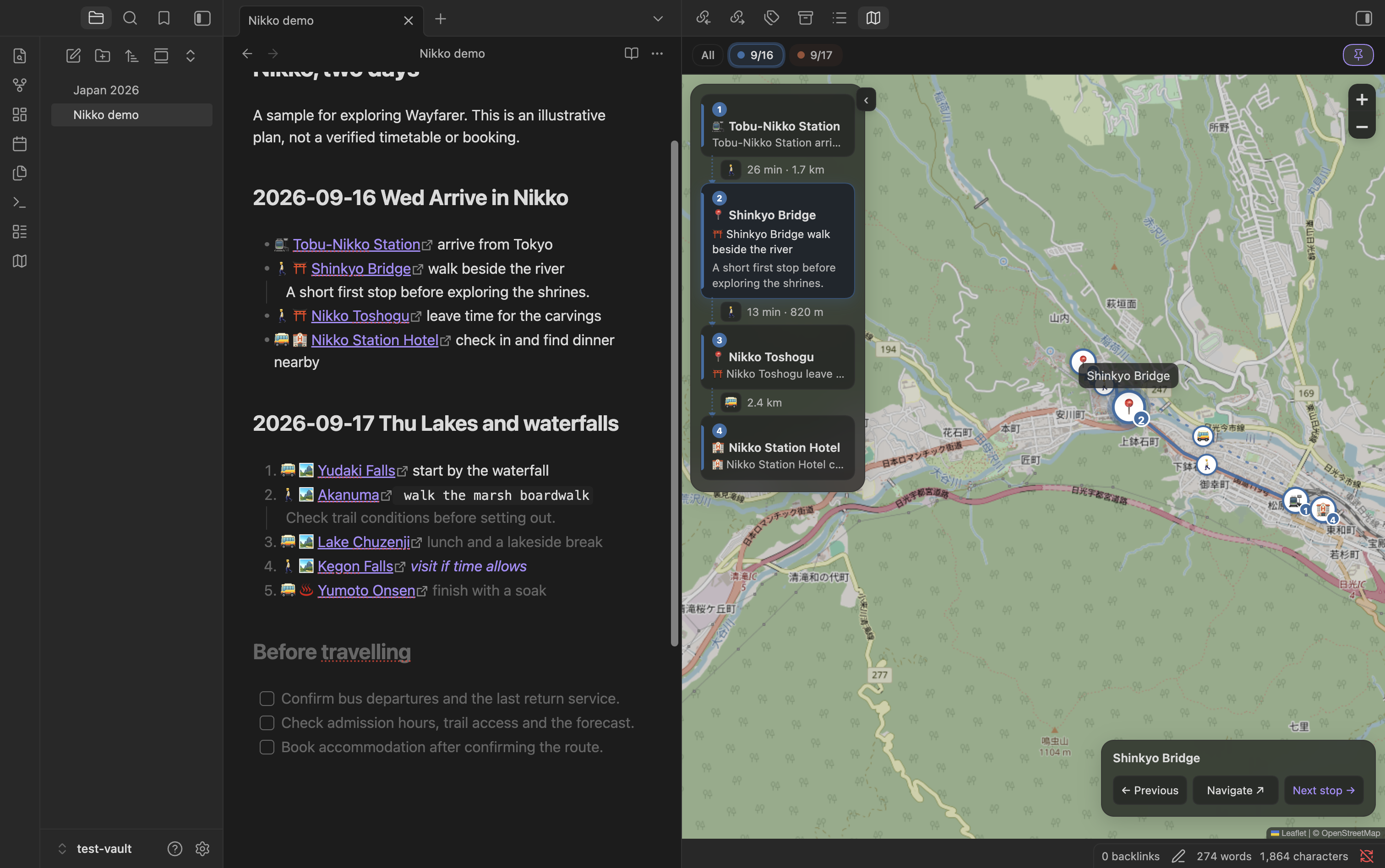 The sample note on the left, the map and timeline on the right