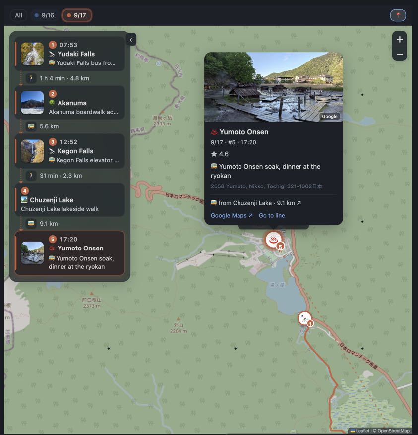The timeline beside the map, and a stop card with photo, rating, notes, address and links