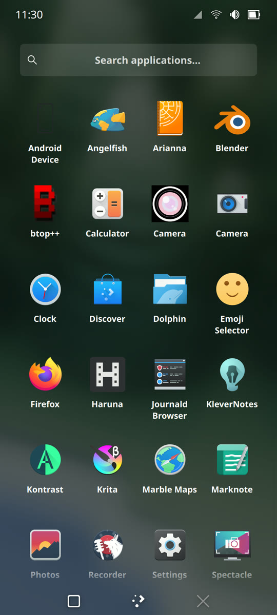 The app drawer with Blender, Firefox, Krita and other desktop apps