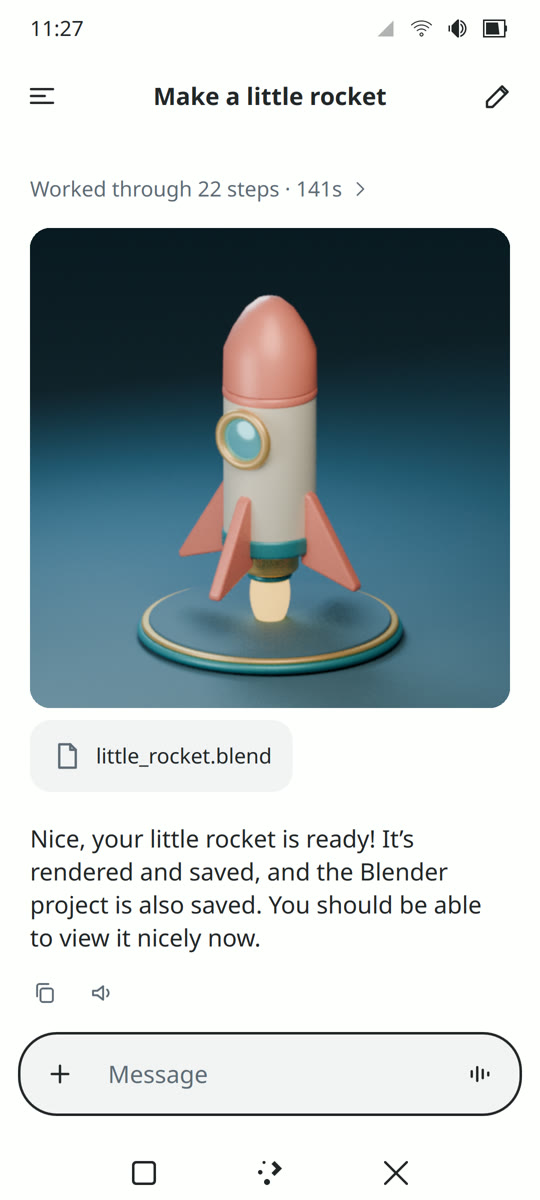 The finished task in the conversation: the rendered rocket, the Blender file and a short summary