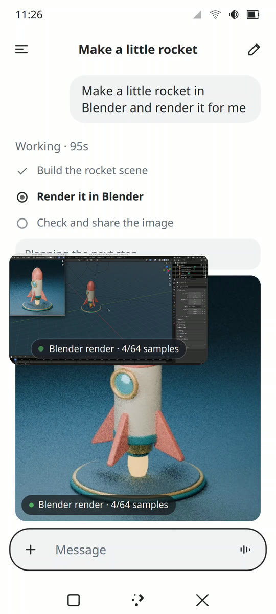 The assistant's screen floating at the top of the phone shows Blender while the conversation below shows the render in progress