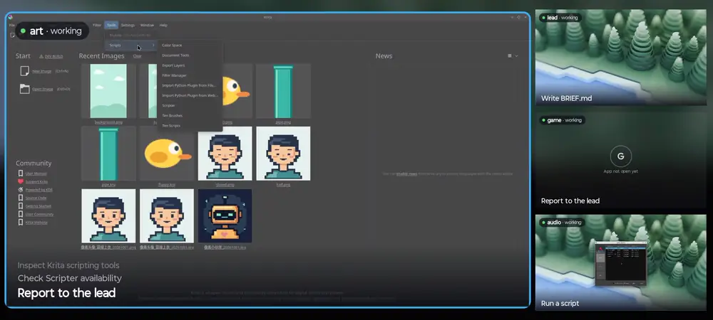 The director on the phone: Krita drawing the pixel-art bird, Ardour editing the sound effects and Godot running the game, each tile labelled with its member and what it is doing