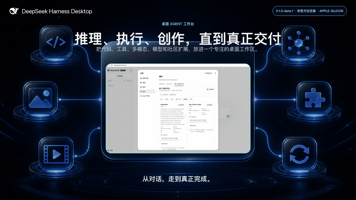 DeepSeek Harness Desktop 产品动图:桌面工作区、多模态工具、插件发现与社区
