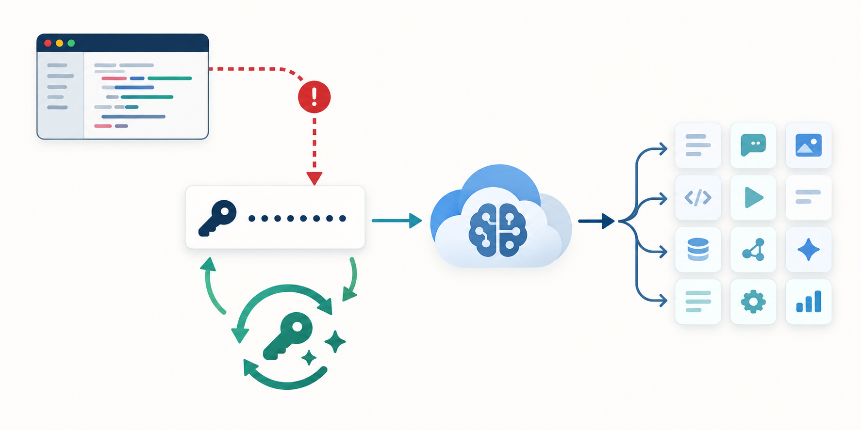 公開コード、APIキー、AI利用量と鍵の交換を示す概念図。実際の被害を示す図ではありません