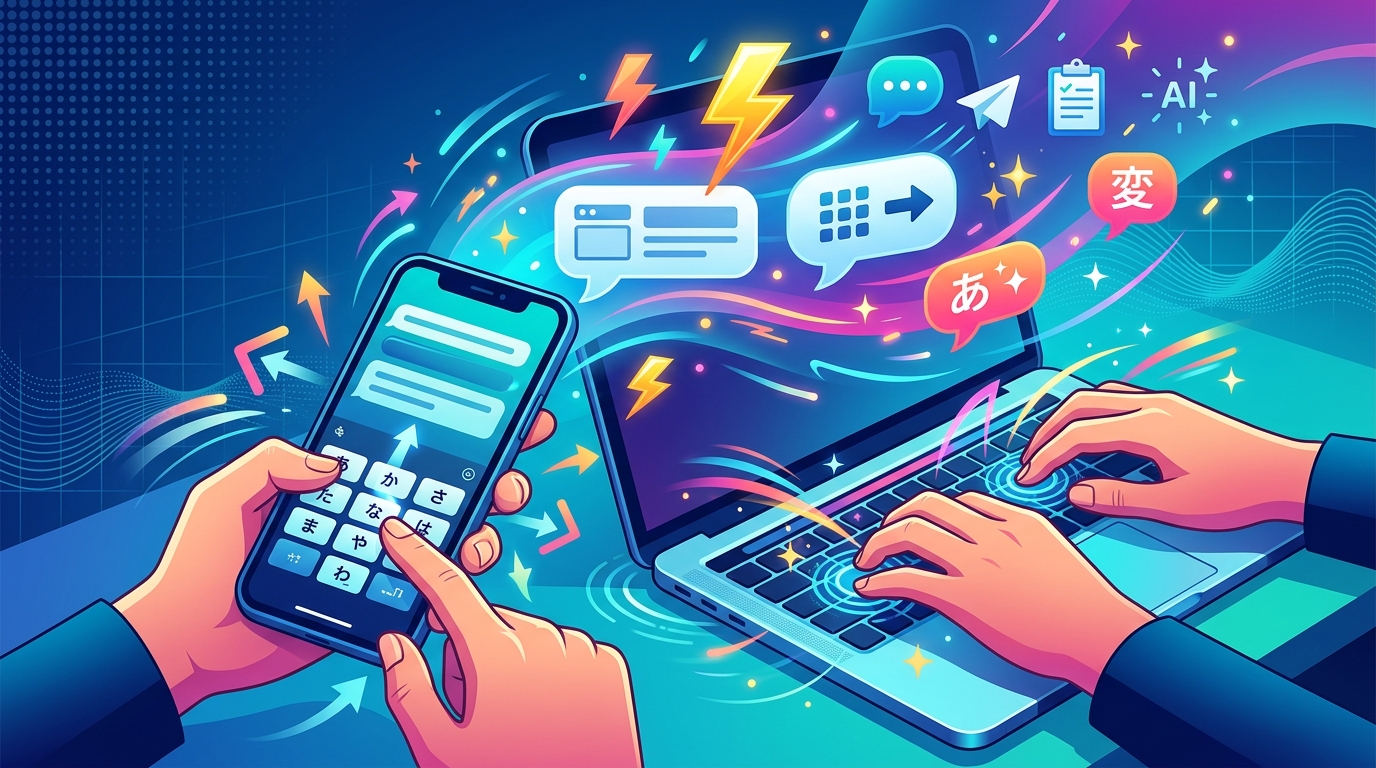 スマートフォンとパソコンで文章を入力する、AI時代の仕事のイメージイラスト。実際のGeminiやKeyroIMEの画面ではありません。