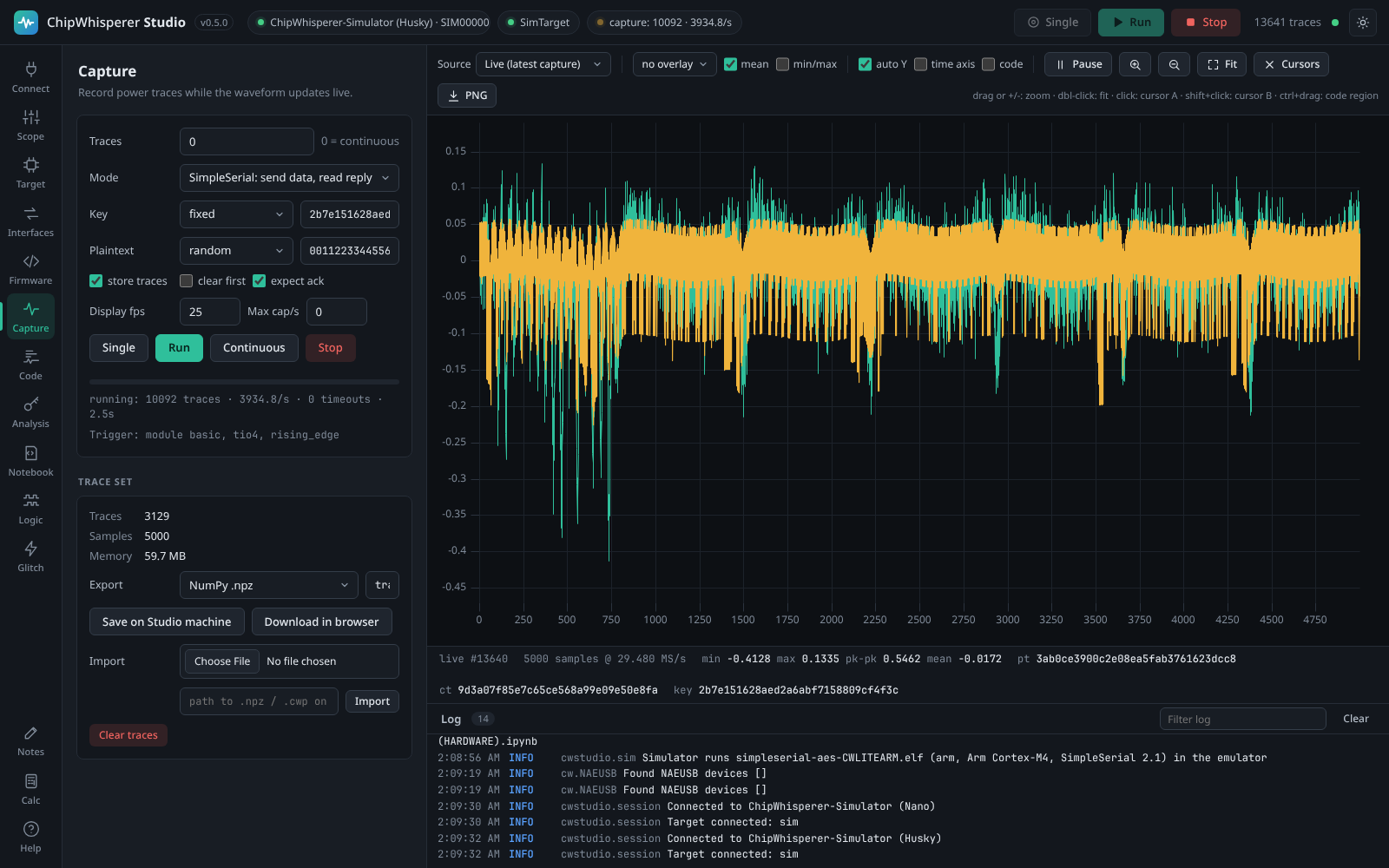 ChipWhisperer Studio capturing traces with a live waveform