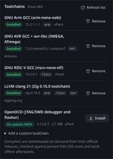 Toolchains with their versions, sizes and install state