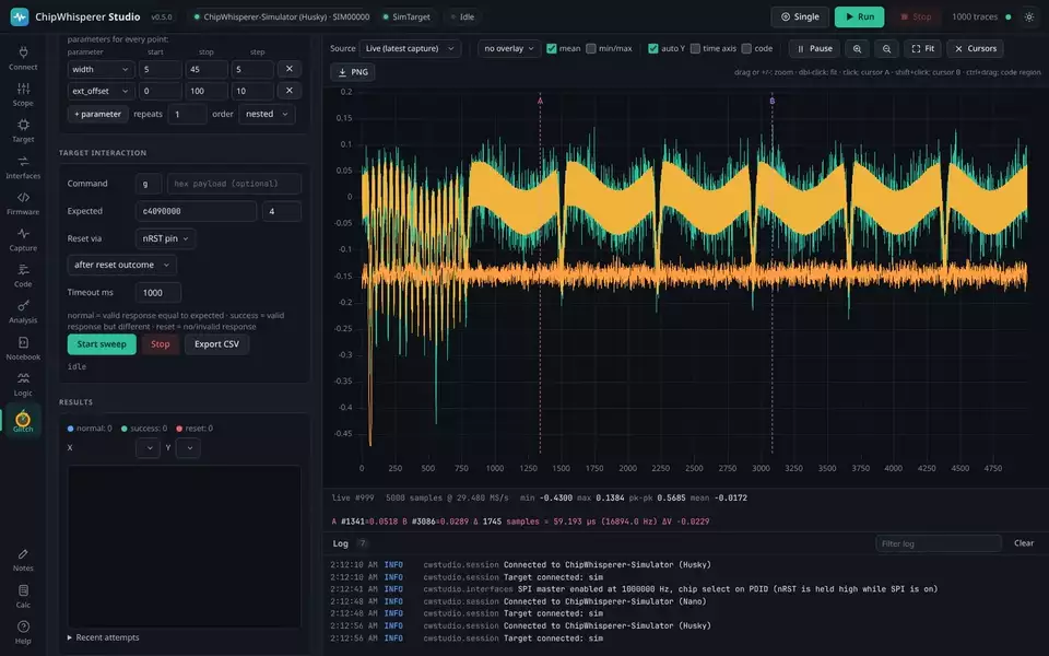A clock glitch sweep with the live result plot (animated)
