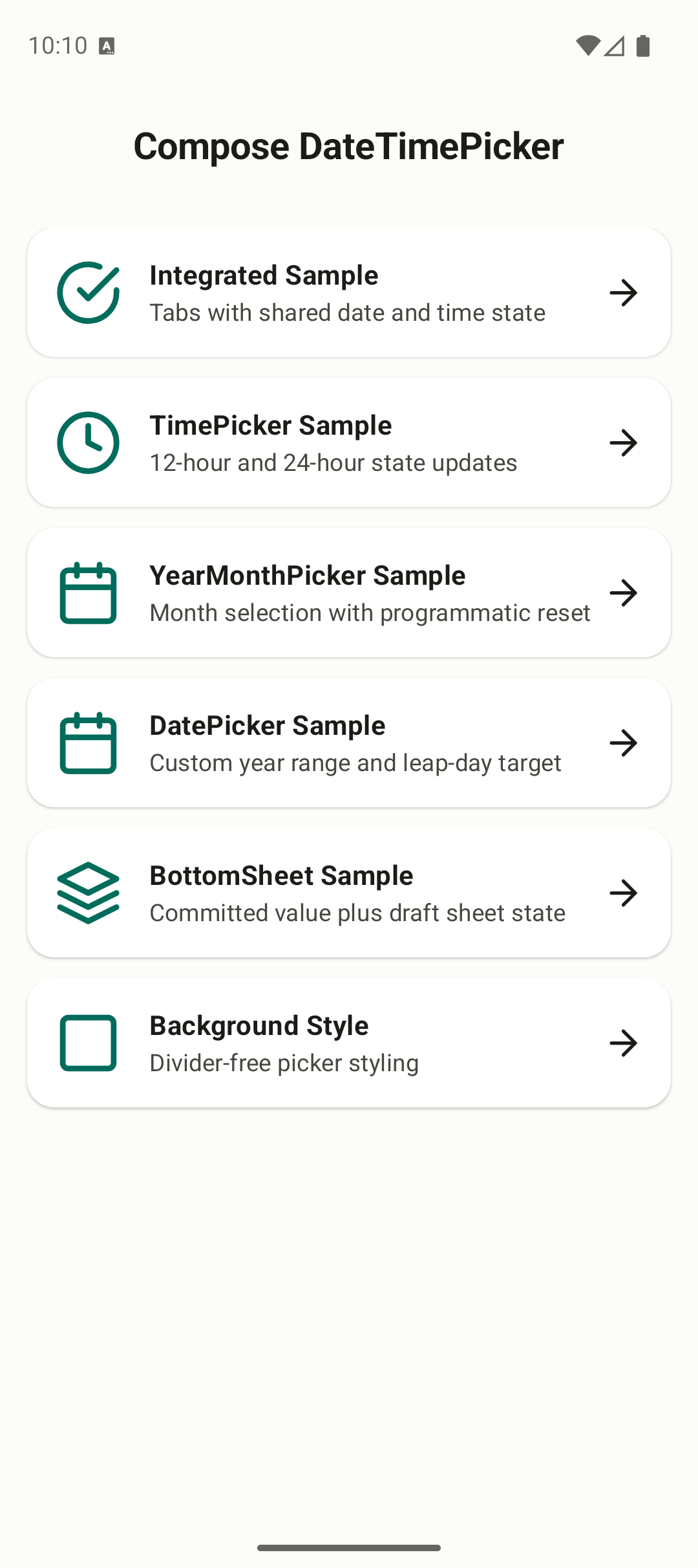 Sample app home screen