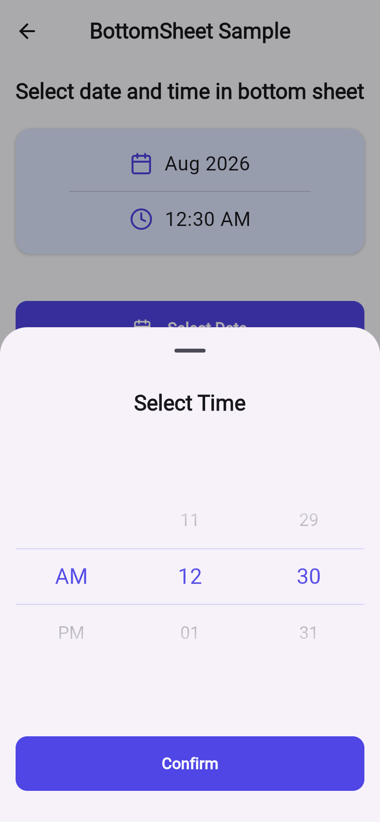 Bottom sheet picker sample screen