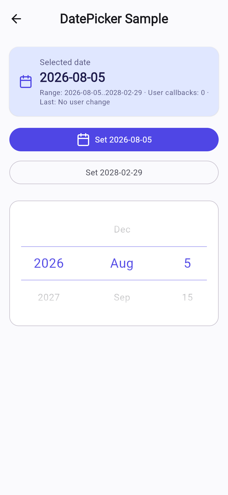 DatePicker sample screen