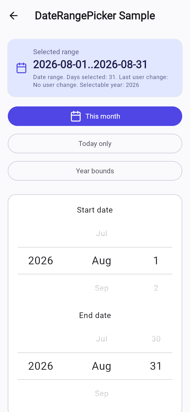 DateRangePicker sample screen