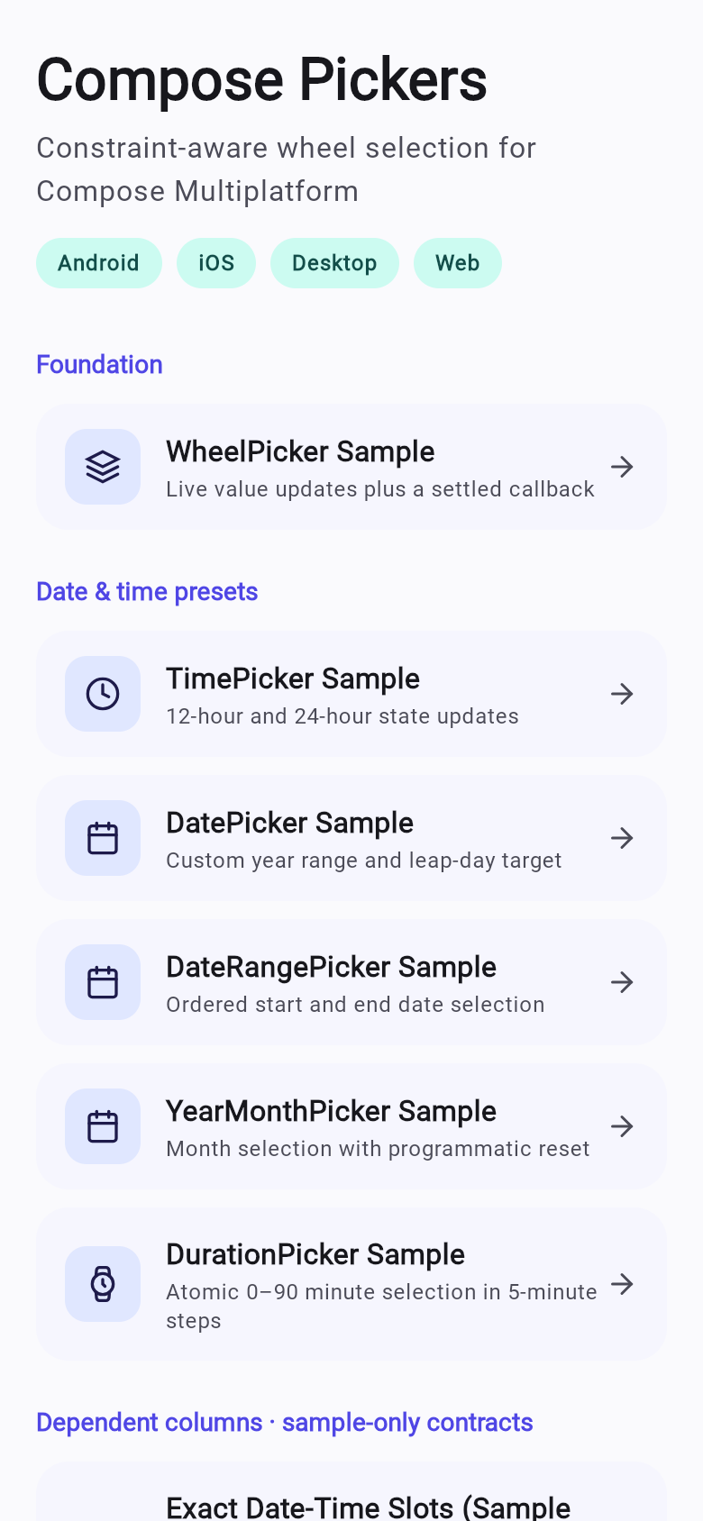 Sample app home screen