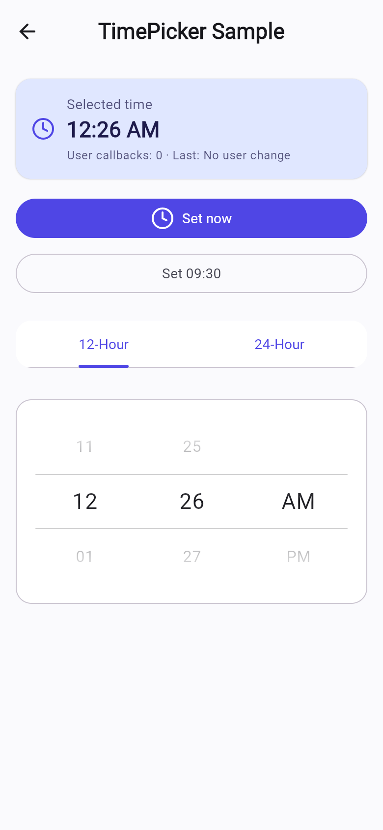 TimePicker sample screen