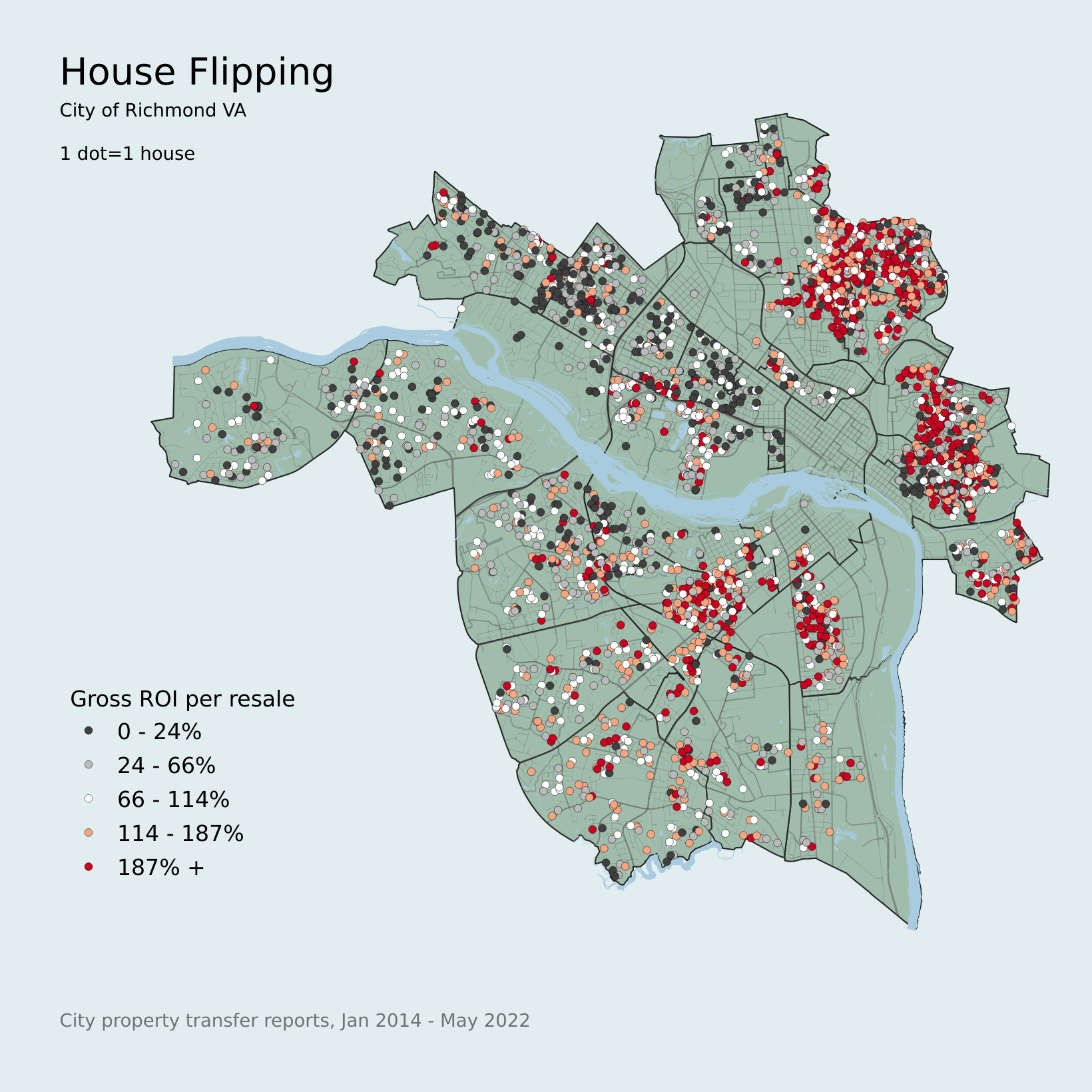 A map of RVA showing about 3500 flipped houses over 8 years. There are large red clusters in Northside and East End, with smaller clusters across Southside - they indicate large increases in the cost of houses.