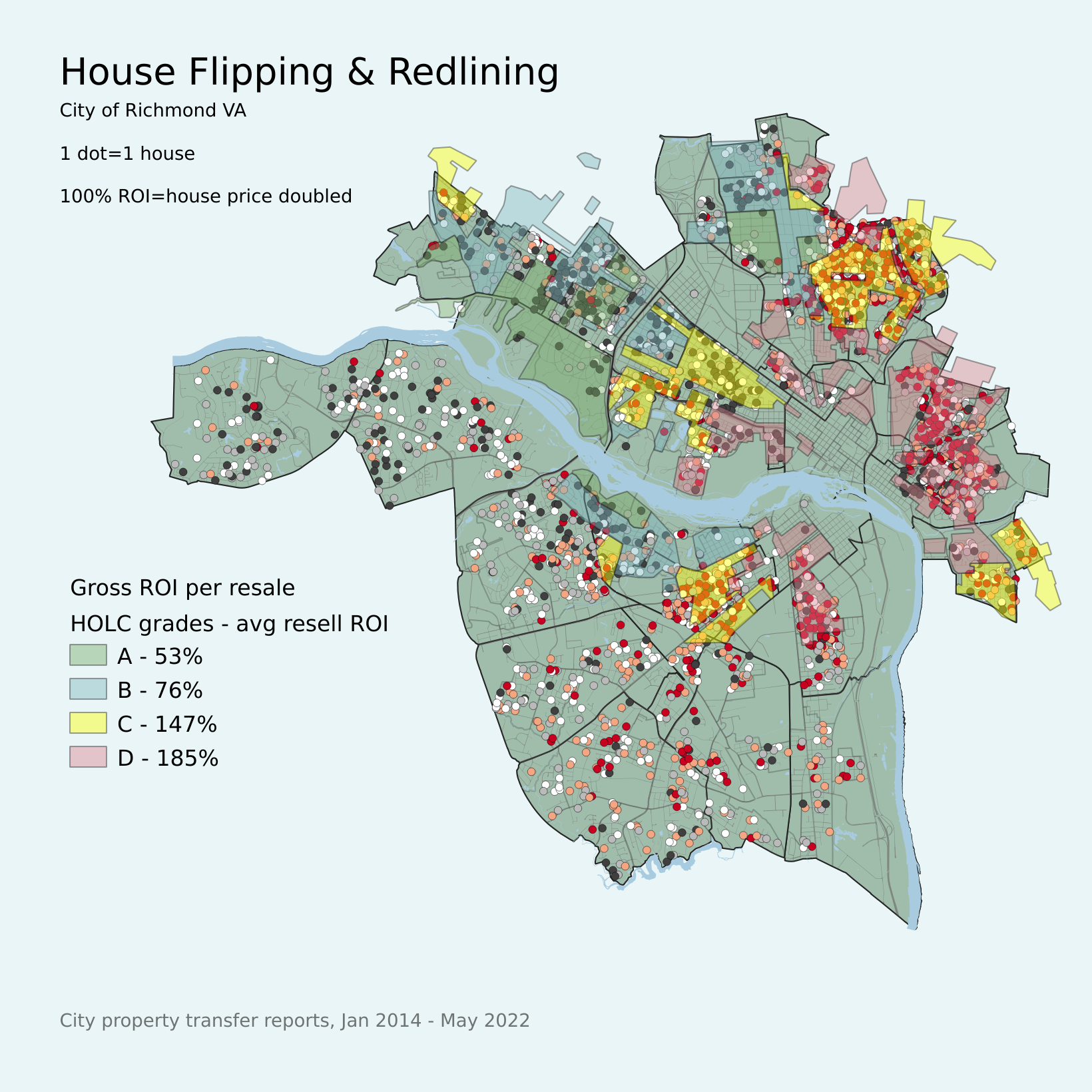 Similar to the previous map, but with an overlay of the 1923 HOLC map, showing the large red clusters mainly in historically black, devalued Grade D areas