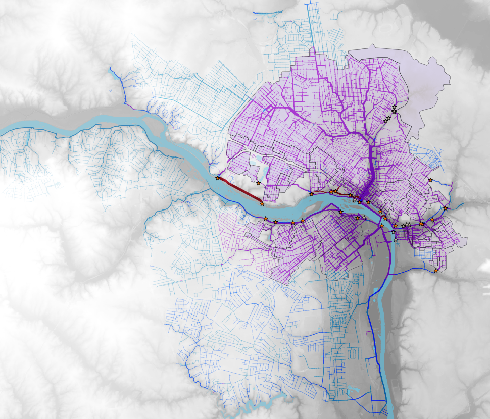 A map of Richmond sewer lines, colored by type, shaded by elevation, thickness by pipe size