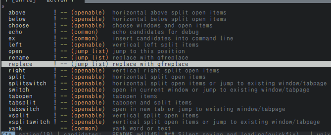 A screenshot of action list of vim-bookmarks' Unite interface