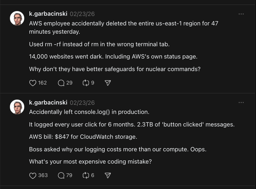 Viral post: console.log in production — 363 likes, 79 comments