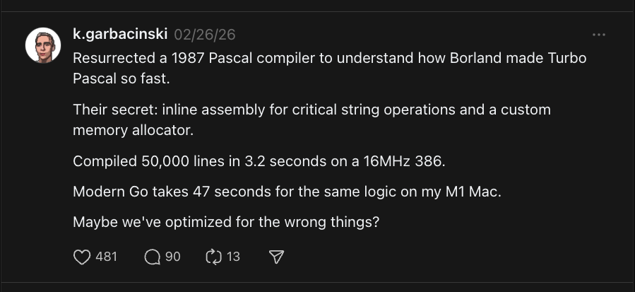 Viral post: Turbo Pascal vs modern Go — 481 likes, 90 comments, 13 reposts