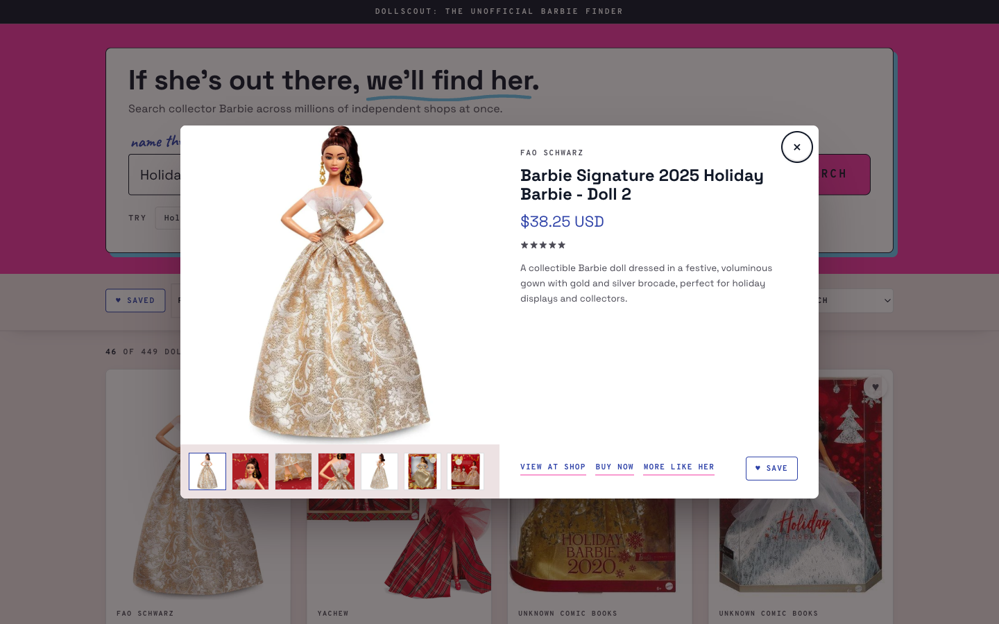 DollScout quick-view modal with image gallery, description, and a buy link to the merchant's own store