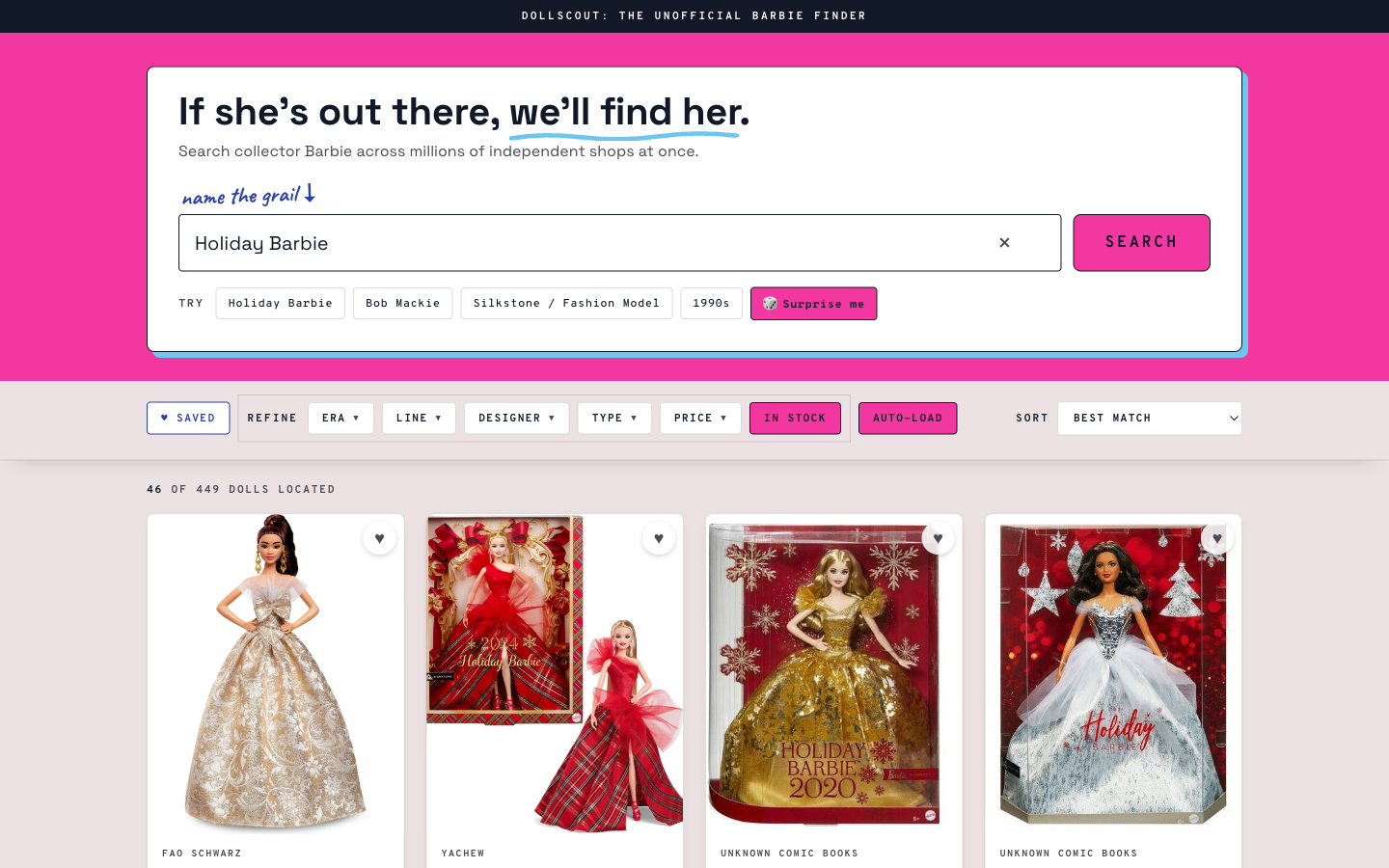 DollScout search results showing live listings from independent Shopify stores with taxonomy chips and price filters