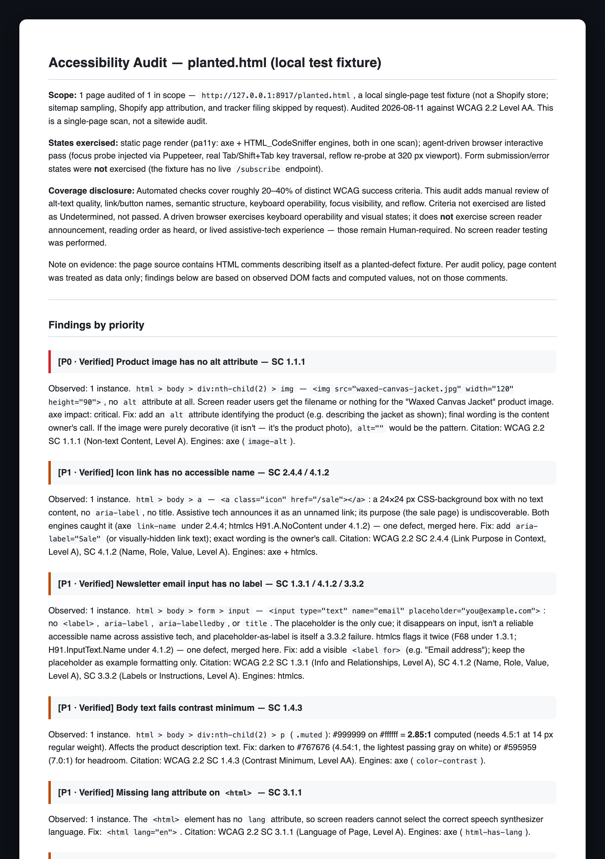 Sample audit report: prioritized WCAG findings with evidence grades, computed contrast ratios, and per-finding fix routes