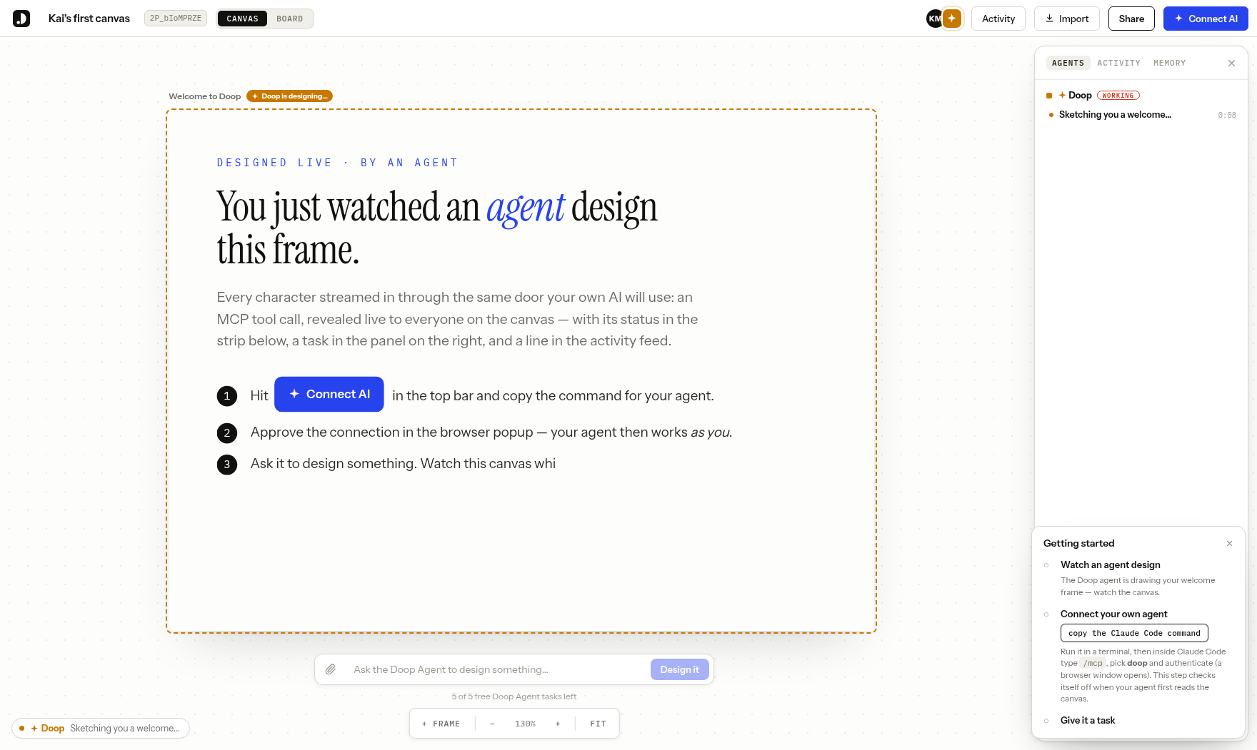 The Doop Agent streaming a design into a frame, live — working status, agent task panel and pulsing frame border