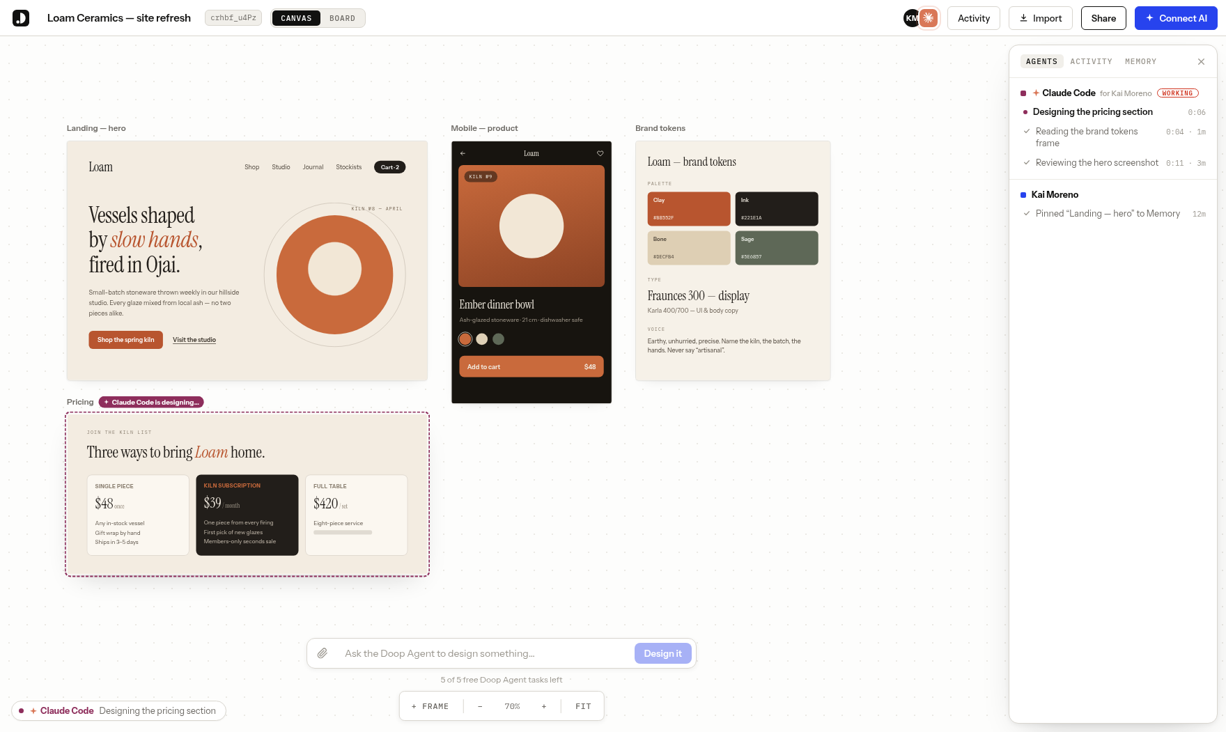Claude Code connected over MCP OAuth, streaming a pricing-section design into a frame while the humans on the canvas watch it work