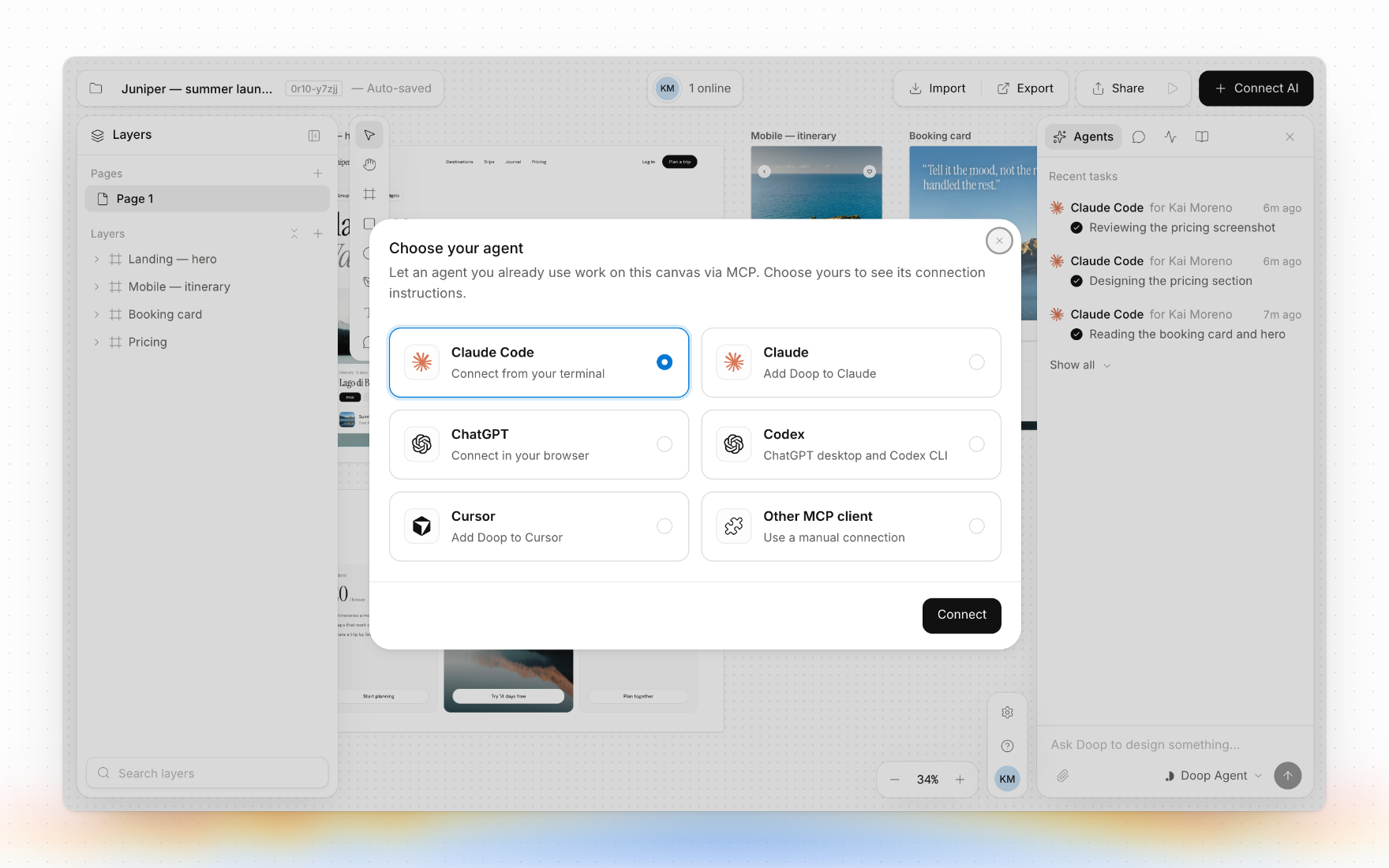 The Connect AI dialog: choose Claude Code, Claude, ChatGPT, Codex, Cursor or any other MCP client
