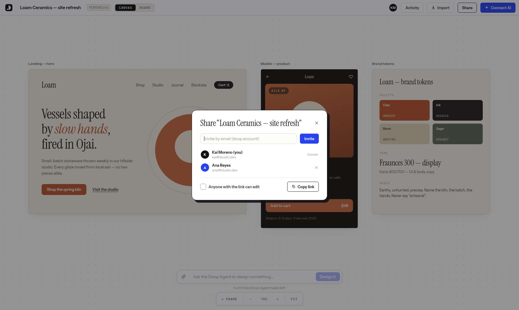 The share modal: invite collaborators by email, see who has access, and toggle link sharing