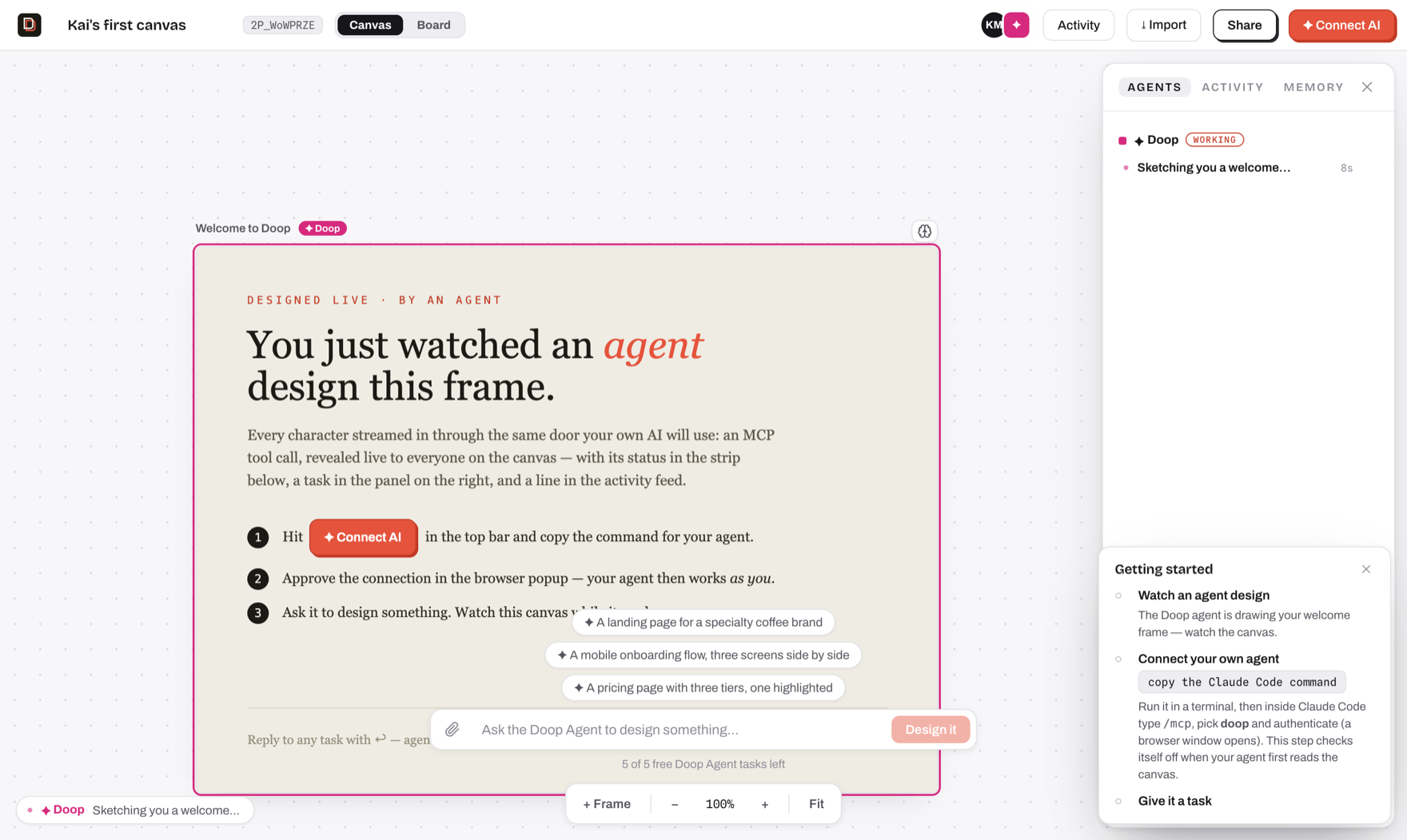 The resident Doop agent streaming a design into a frame, live — working status, agent task panel and pulsing frame border