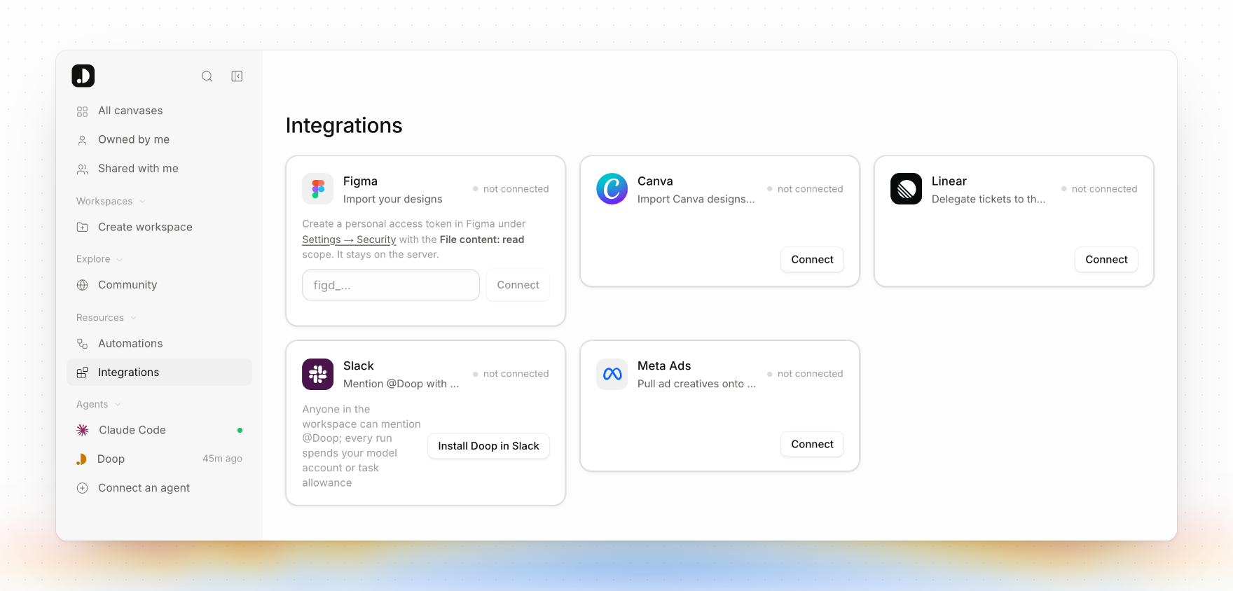 The Integrations page with cards for Figma, Canva, Linear, Slack and Meta Ads
