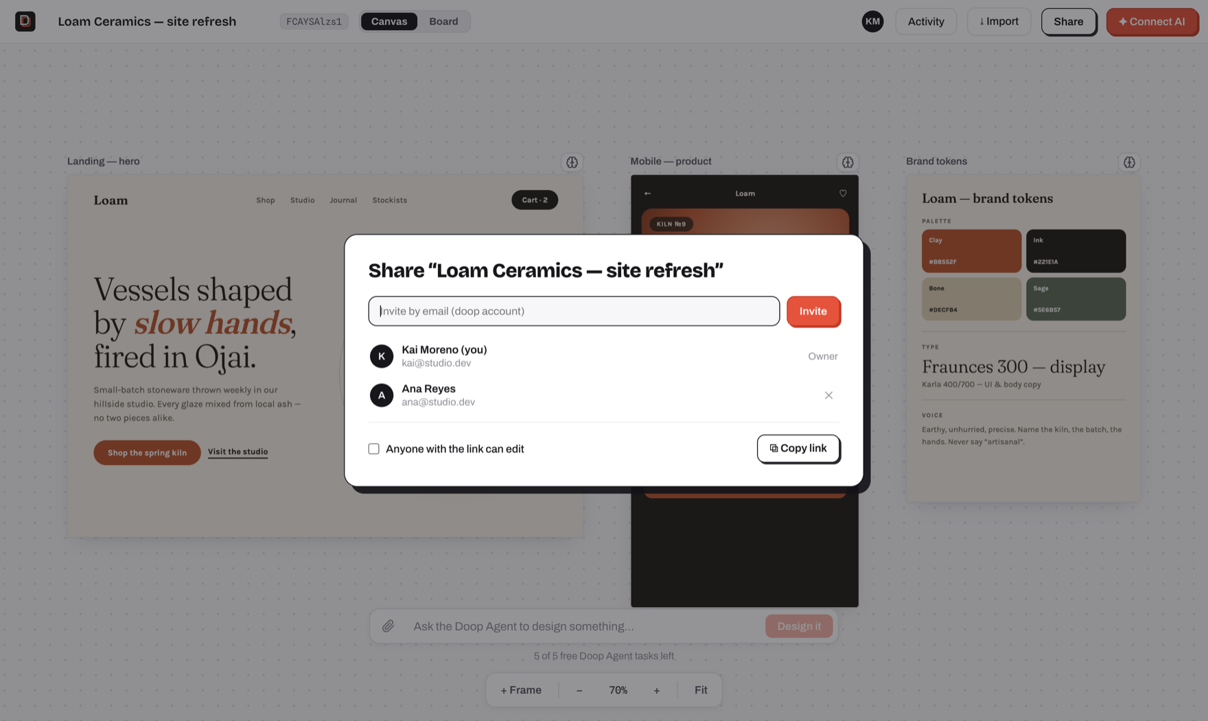 The share modal: invite collaborators by email, see who has access, and toggle link sharing