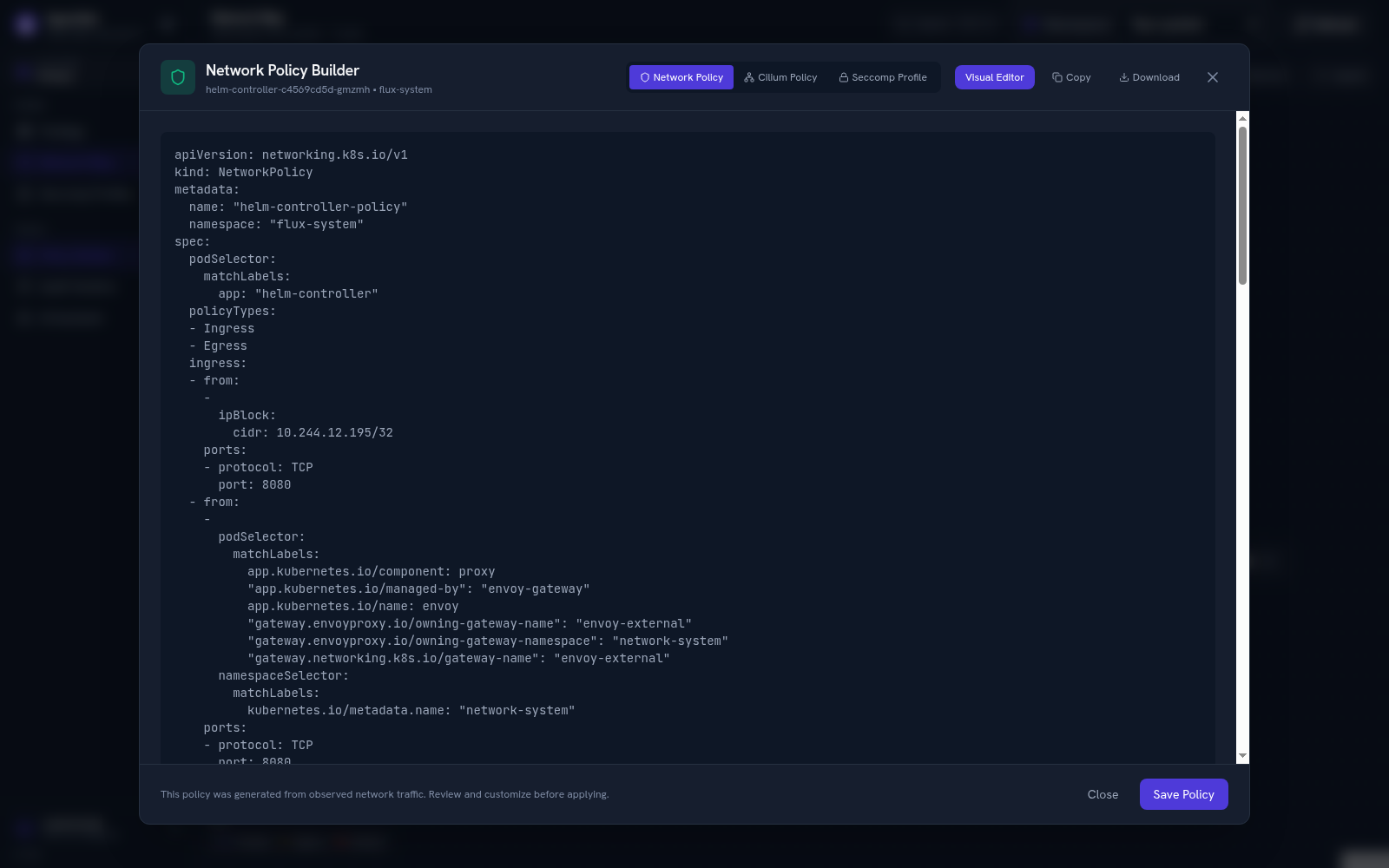 Policy Builder: a least-privilege NetworkPolicy generated from observed traffic