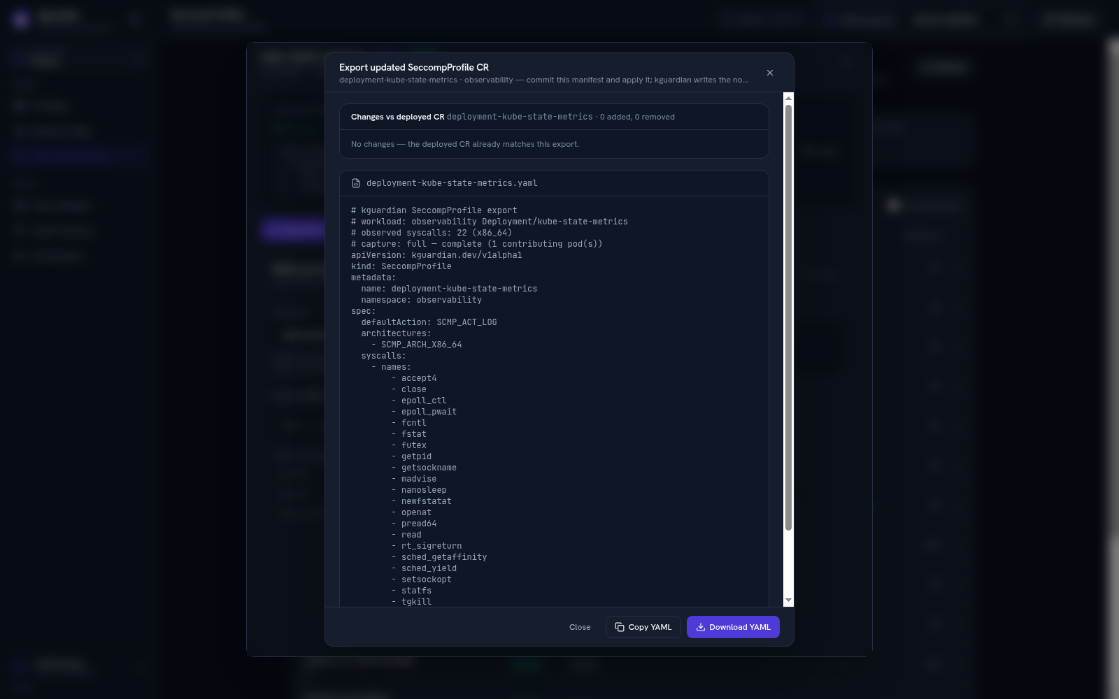 Export a SeccompProfile CR: diff against the deployed CR and the manifest to commit