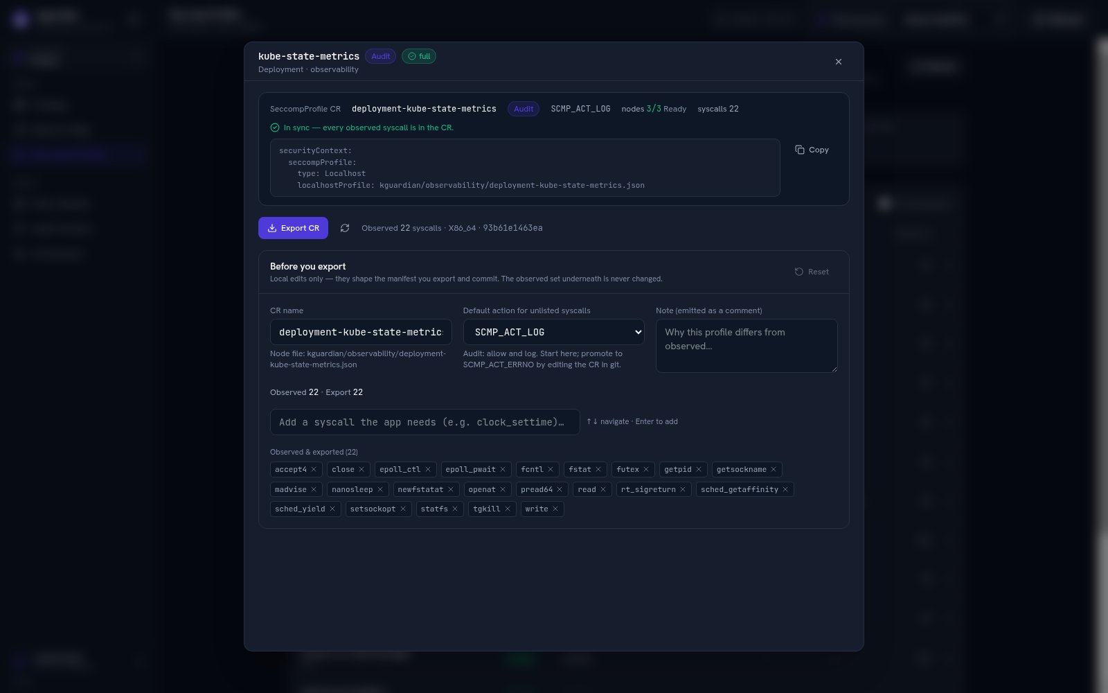 Workloads, seccomp columns: an enforcing SeccompProfile CR with node readiness and drift