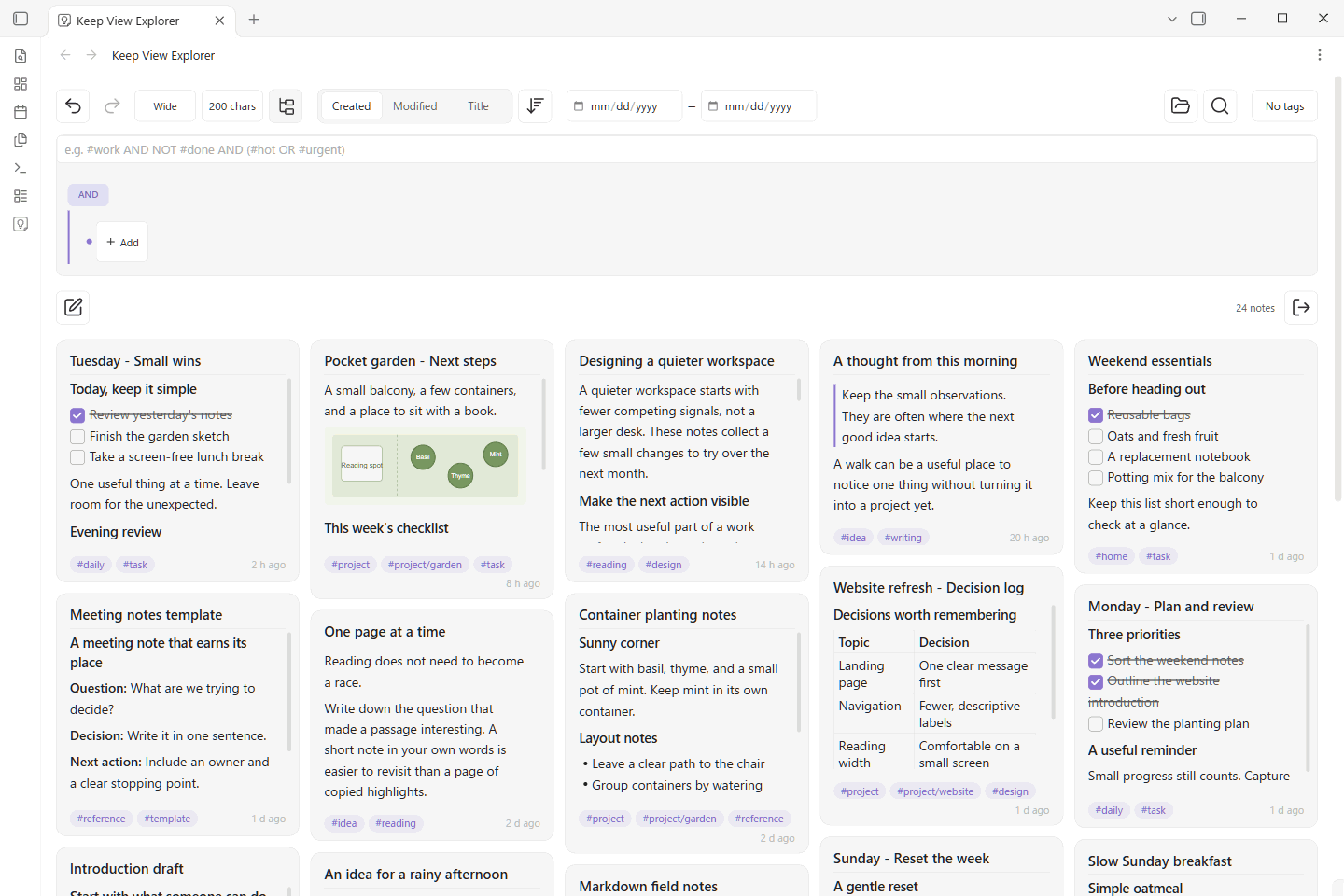 One workflow: 24 notes → project tags → exclude writing → search garden → select the two matches.