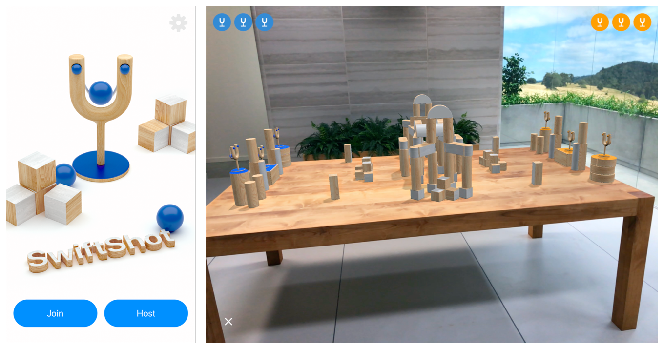 Screenshots of the SwiftShot menu screen that appears on launch and of the AR game board placed on a real table after hosting or joining a game.