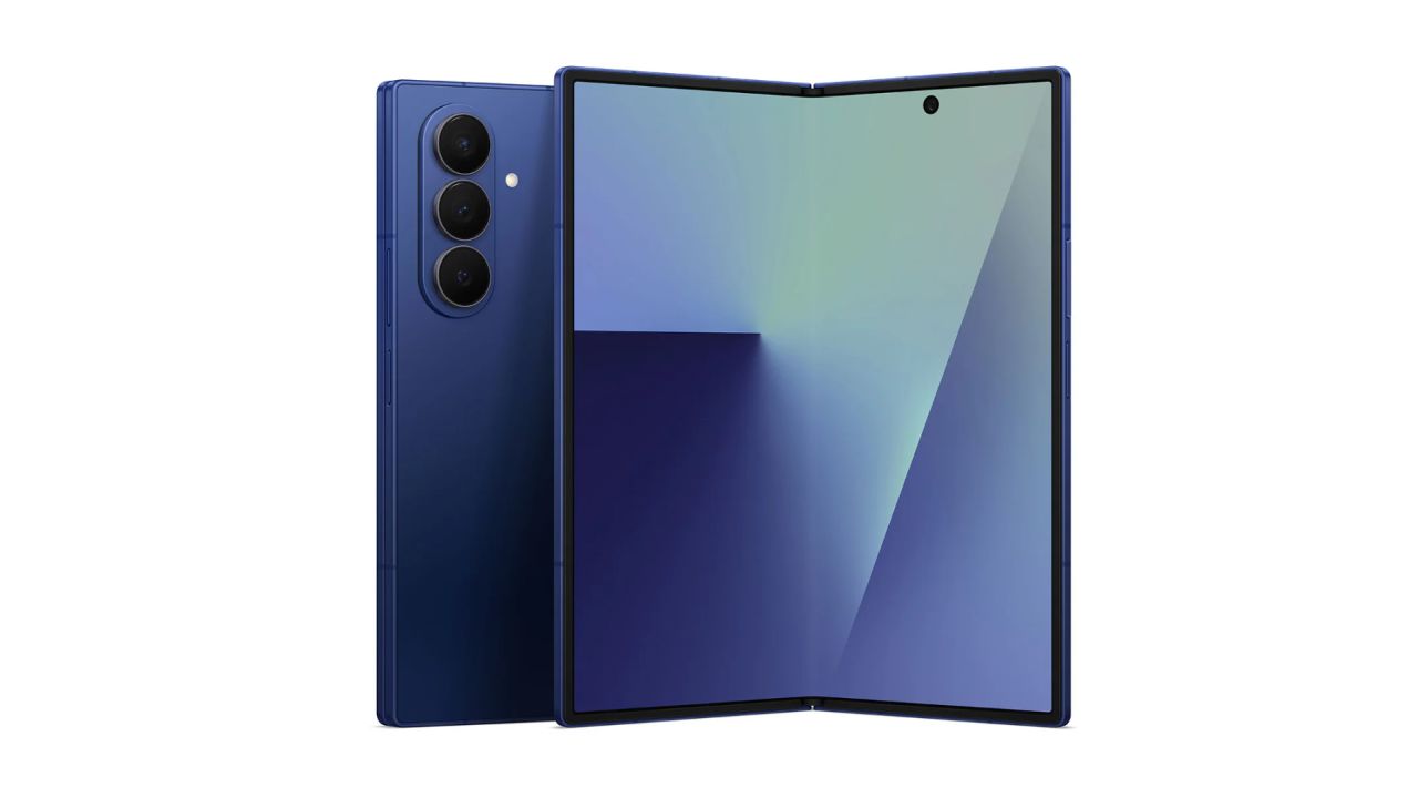 Dark blue book-style foldable smartphone