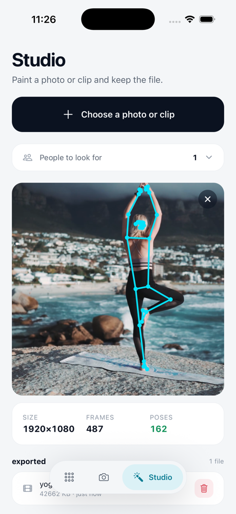 Pose detection on an uploaded video, with the landmarks painted in