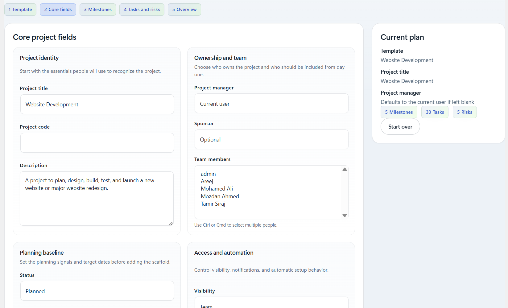 Project wizard project details