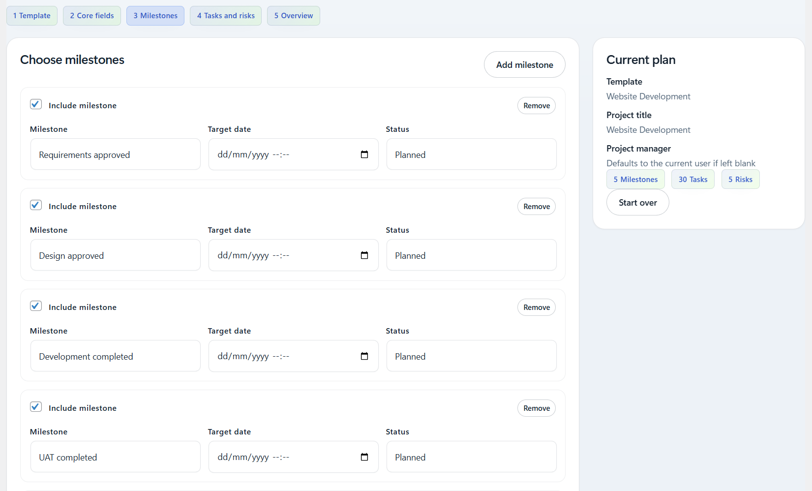 Project wizard milestone planning