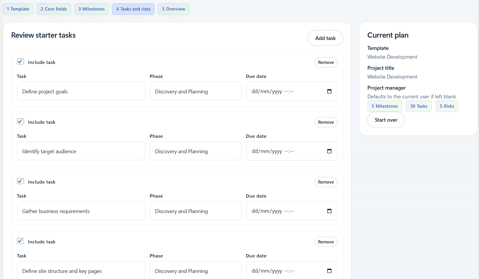 Project wizard starter tasks