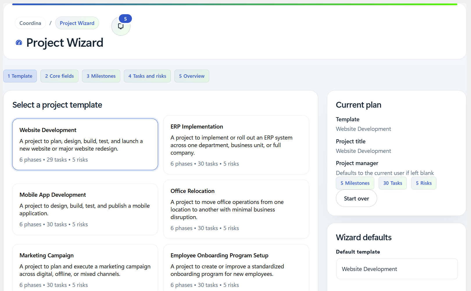 Project wizard template selection