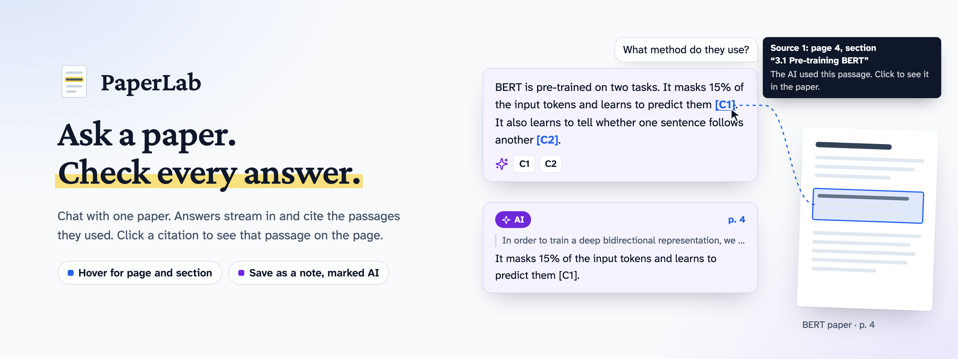 A question and an AI answer citing [C1] and [C2]; hovering [C1] shows its page and section, a line leads to that passage flashed on the page, and part of the answer is saved as an AI note.