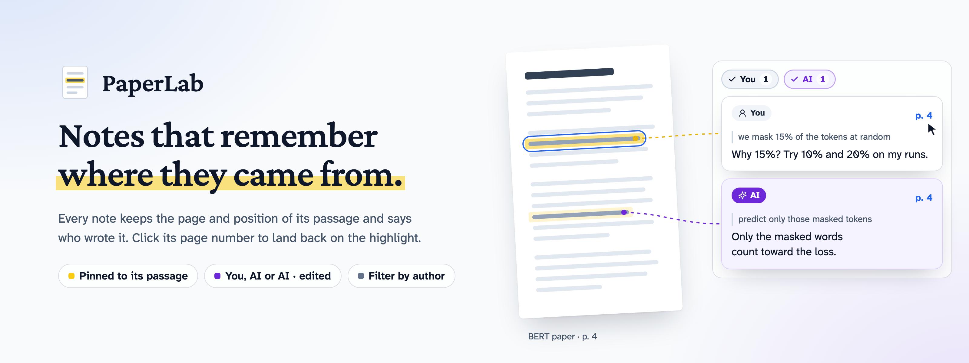 A page with two highlights, each linked to its note: one marked You and one marked AI, both on page 4, under You and AI filter chips.