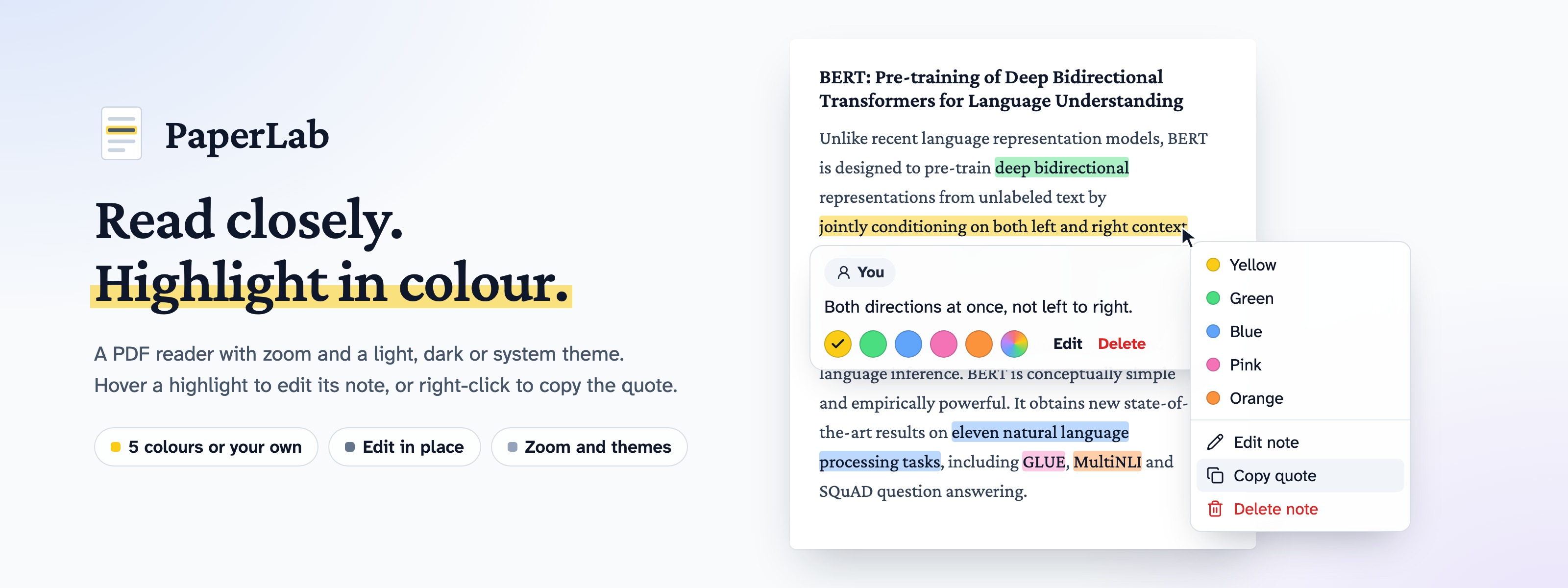 A page of the BERT paper highlighted in five colours, the note card that opens when you hover a highlight, and the right-click menu with Copy quote.