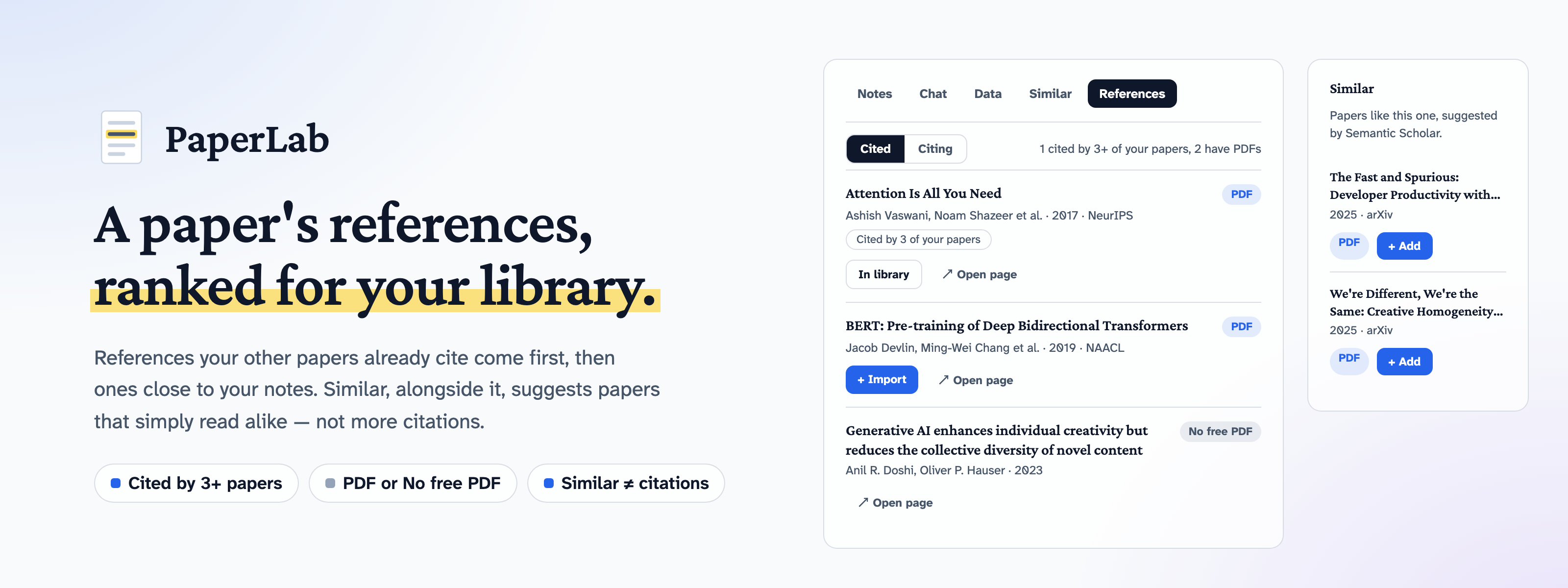 A paper's References tab ranked for your library, one reference marked In library and one offering Import, beside the Similar panel suggesting papers that read alike.